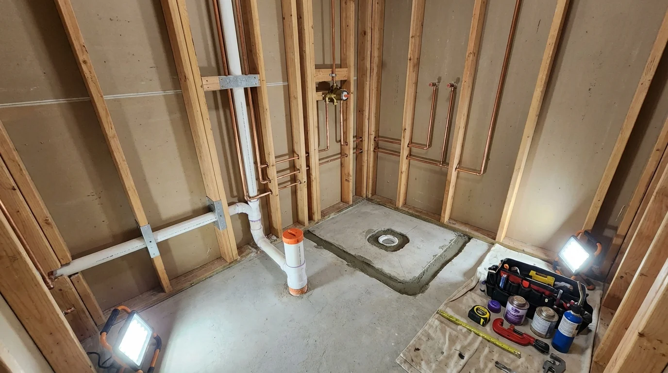 Bathroom rough-in plumbing during remodel by Johns Plumbing LLC in Dunellen