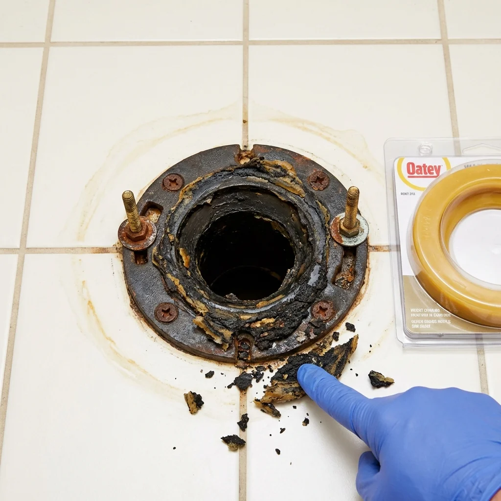 Failed wax ring showing water seepage at the base of a toilet in a Dunellen, NJ home