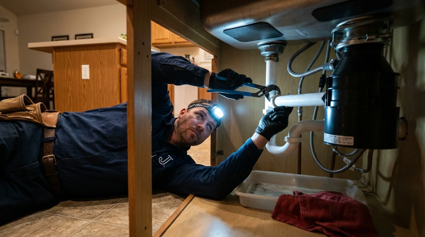 P-trap and supply line connections under a kitchen sink showing a common leak point in Dunellen, NJ